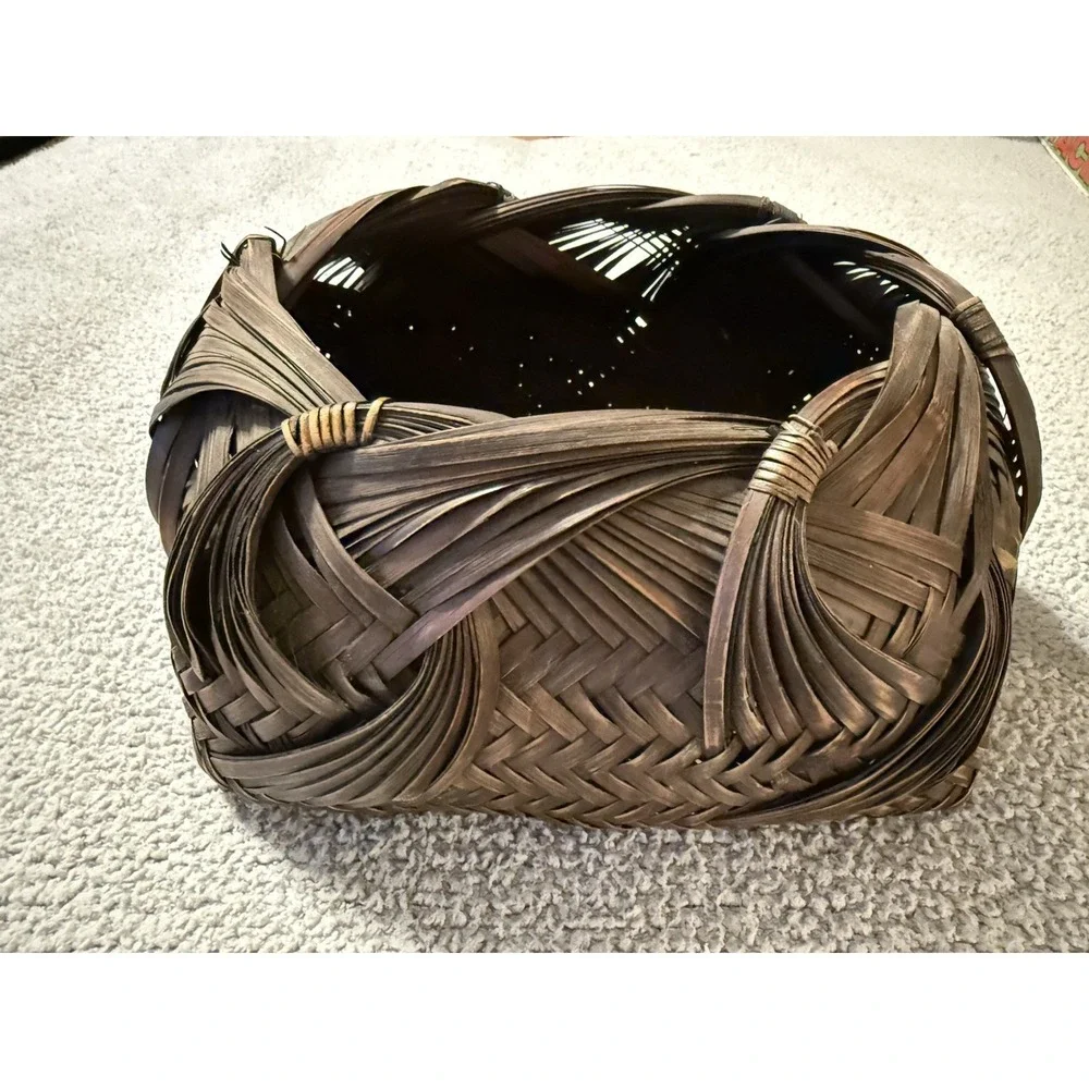 Vintage Japanese Ikebana Woven Bamboo Baskets Hand-Woven Wave Pattern (Set of 2)